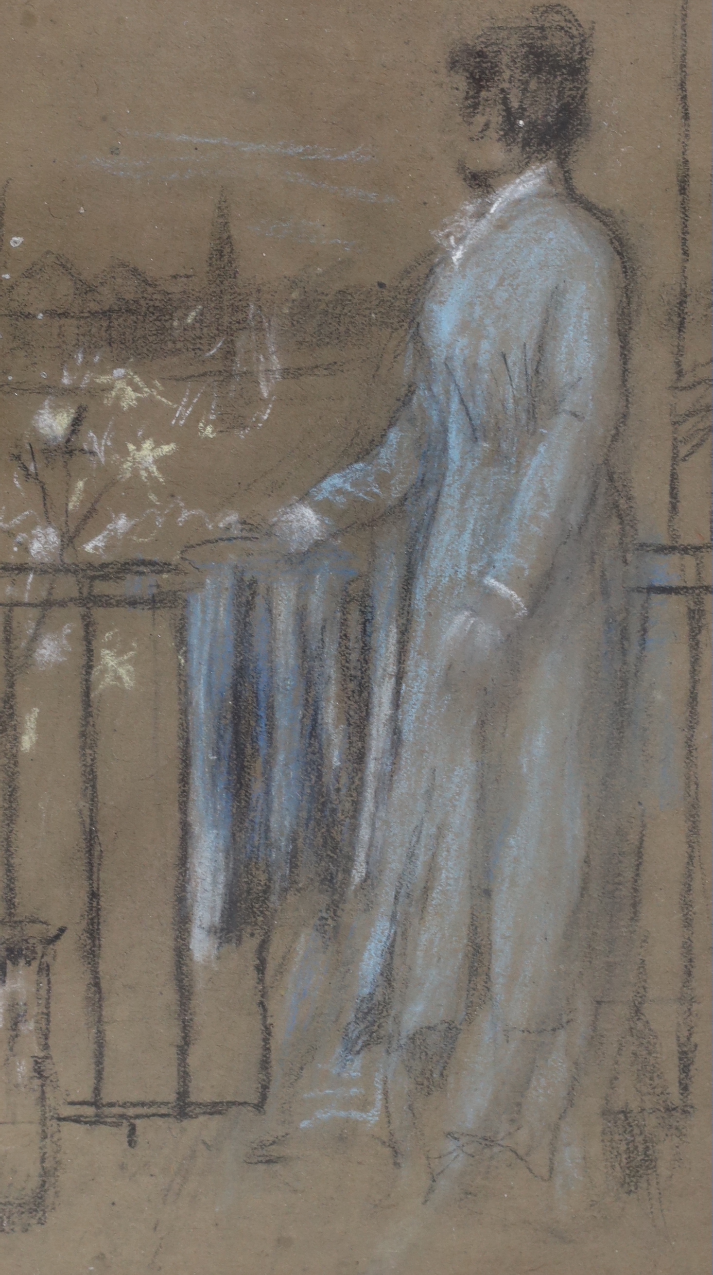 Attributed to Walter Greaves (1846-1930), heightened pastel, Lady in blue beside railings, 25cm x 14cm